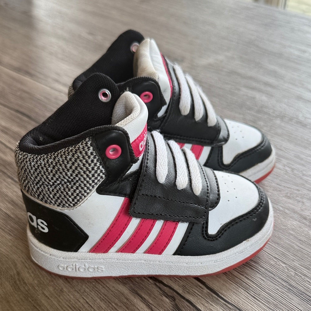 Adidas Kids High-Top Sneakers - Black, White, and Pink Stripes. Size 6 kids.